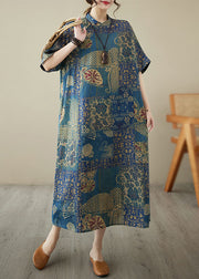 Chinese Style Blue Stand Collar Print Patchwork Linen Dress Summer