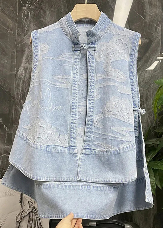 Chinese Style Blue Stand Collar Print Patchwork Low High Design Denim Waistcoat Summer