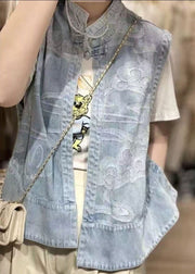 Chinese Style Blue Stand Collar Print Patchwork Low High Design Denim Waistcoat Summer