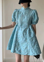 Chinese Style Blue Stand Collar Tasseled Jacquard Cotton Mid Dress Summer