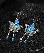 Chinese Style Blue Sterling Silver Cloisonne Butterfly Plum Blossom Tassel Drop Earrings