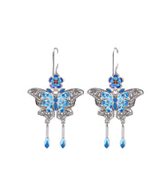 Chinese Style Blue Sterling Silver Cloisonne Butterfly Plum Blossom Tassel Drop Earrings