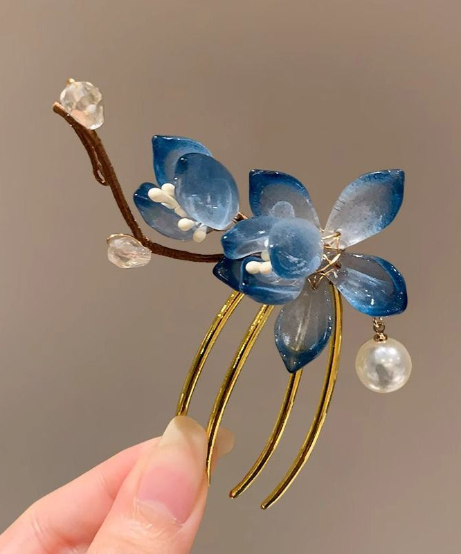 Chinese Style Blue Sterling Silver Overgild U Shaped Floral Hairpin