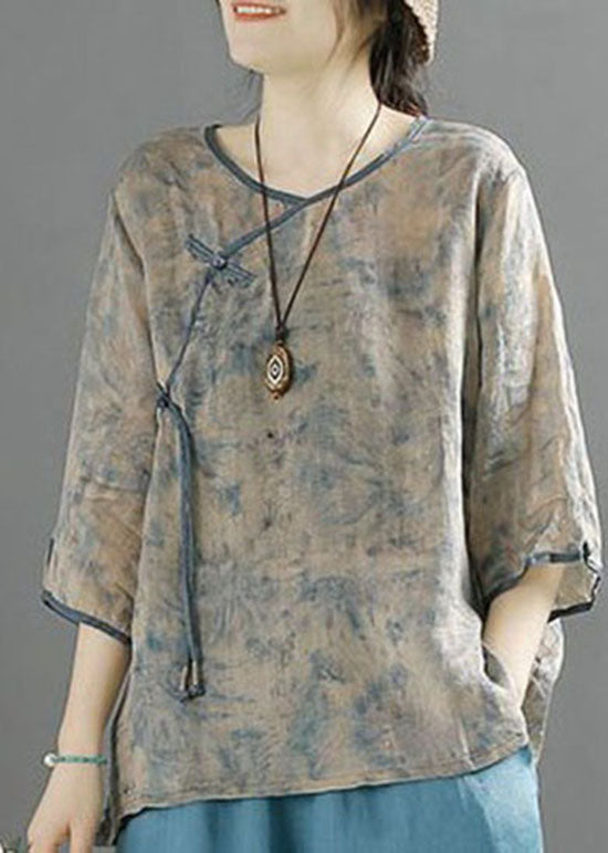 Chinese Style Blue Tasseled Button Patchwork Linen Top Summer