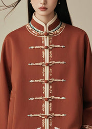 Chinese Style Brick Red Stand Collar Button Cotton Coat Fall