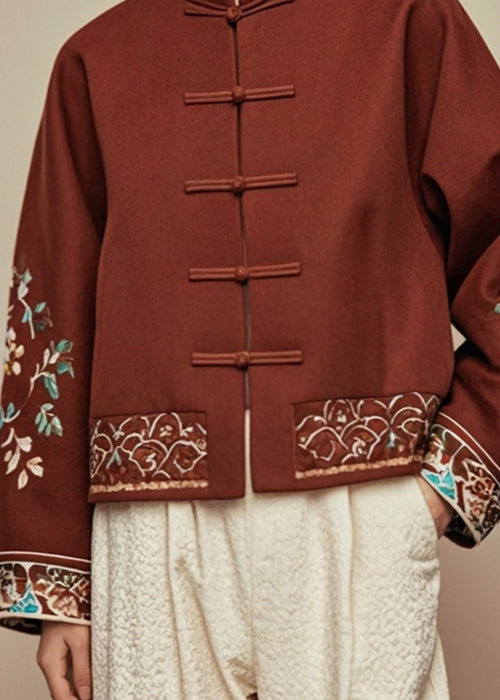 Chinese Style Brown Button Print Silk Coats Fall