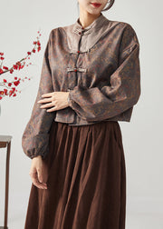 Chinese Style Brown Stand Collar Patchwork Chinese Button Silk Jacket Spring