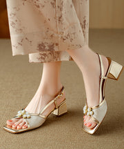 Chinese Style Chunky Sandals Green Cowhide Leather Peep Toe