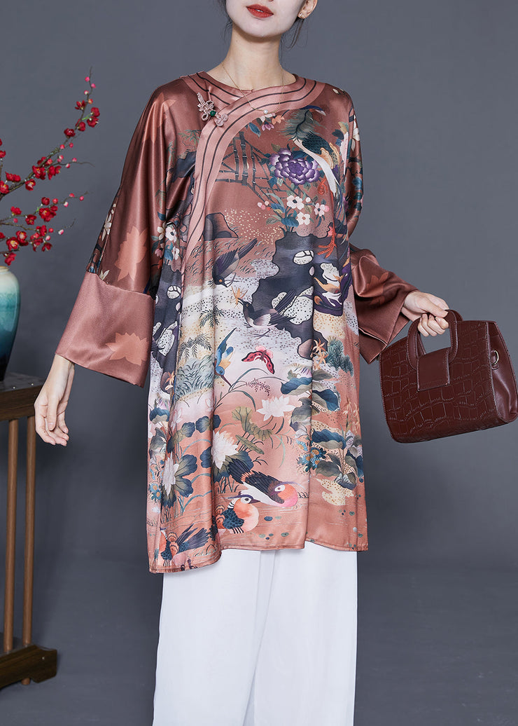 Chinese Style Coffee Chinese Button Print Silk Dress Spring