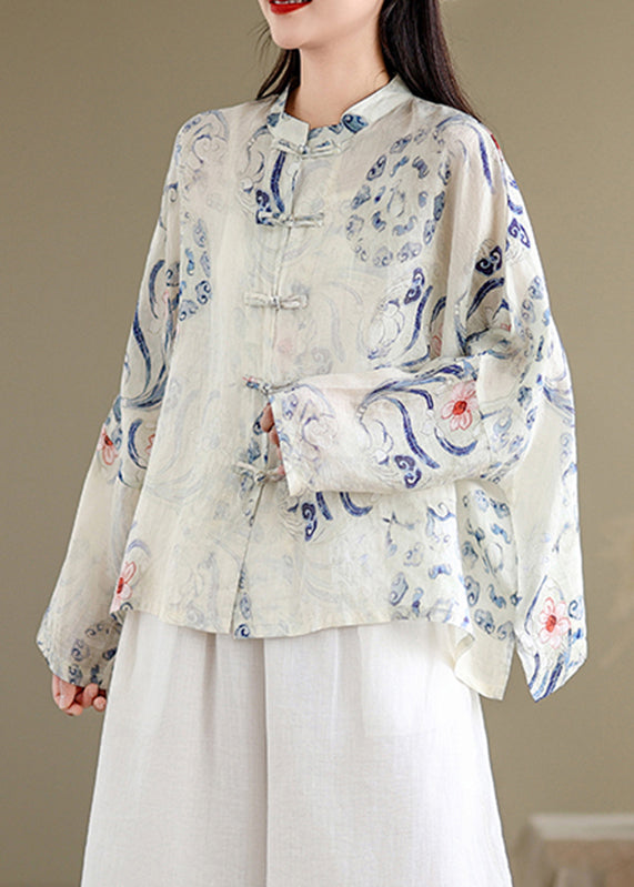 Chinese Style Cyan Stand Collar Print Shirts Long Sleeve