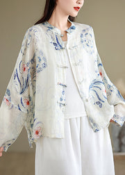 Chinese Style Cyan Stand Collar Print Shirts Long Sleeve