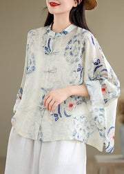 Chinese Style Cyan Stand Collar Print Shirts Long Sleeve