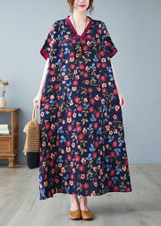 Chinese Style Dark Blue V Neck Print Patchwork Long Dresses Short Sleeve