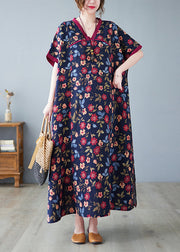 Chinese Style Dark Blue V Neck Print Patchwork Long Dresses Short Sleeve