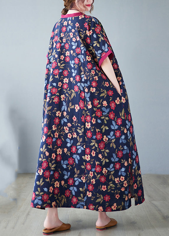 Chinese Style Dark Blue V Neck Print Patchwork Long Dresses Short Sleeve