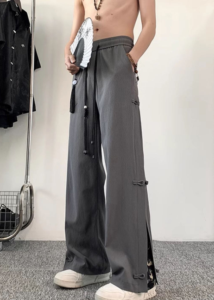 Chinese Style Dark Grey Fake Two Thin Ice Silk Men Pants Summer