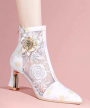 Chinese Style Embroidered Mesh Patchwork Chunky Heel Boots