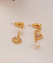 Chinese Style Gold Copper Overgild Pearl Zircon Drop Earrings