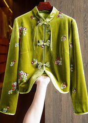 Chinese Style Green Embroideried Button Silk Velour Coats Long Sleeve