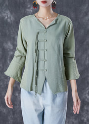 Chinese Style Green Grey Tasseled Linen Shirt Top Flare Sleeve