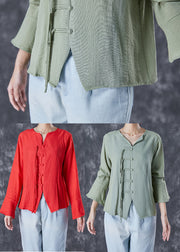 Chinese Style Green Grey Tasseled Linen Shirt Top Flare Sleeve