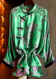 Chinese Style Green Low High Design Jacquard Silk Shirt Tops Fall