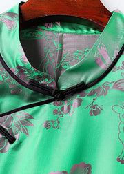 Chinese Style Green Low High Design Jacquard Silk Shirt Tops Fall