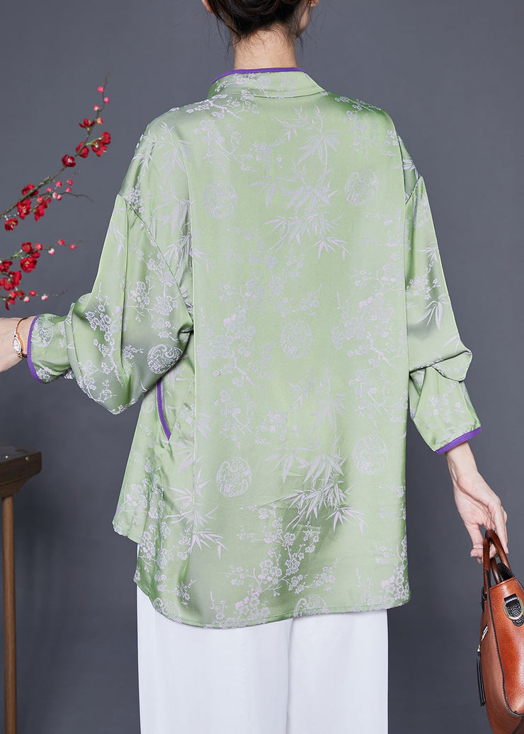 Chinese Style Green Print Chinese Button Silk Shirts Spring