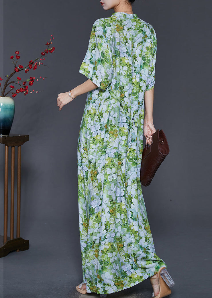 Chinese Style Green Print Cotton Cheongsam Dresses Summer