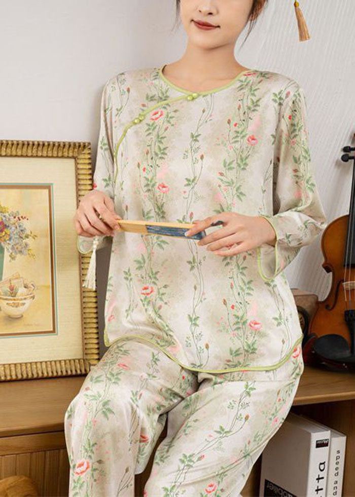 Chinese Style Green Print Ice O-Neck Ice Silk Pajamas Two Pieces Set Spring