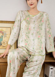 Chinese Style Green Print Ice O-Neck Ice Silk Pajamas Two Pieces Set Spring