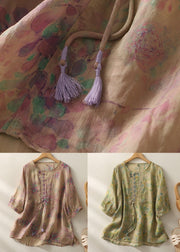 Chinese Style Green Print Tasseled Patchwork Cotton Top Half Sleeve