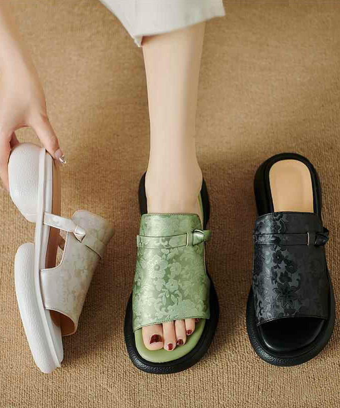 Chinese Style Green Splicing Platform Slide Sandals Peep Toe