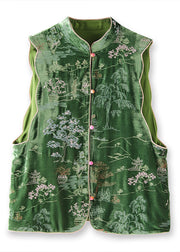 Chinese Style Green Stand Collar Embroideried Silk Velour Vest Tops Sleeveless