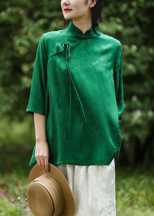 Chinese Style Green Stand Collar Jacquard Patchwork Silk Shirt Spring