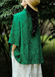 Chinese Style Green Stand Collar Jacquard Patchwork Silk Shirt Spring