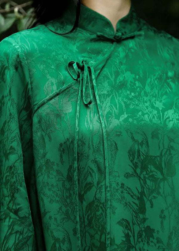 Chinese Style Green Stand Collar Jacquard Patchwork Silk Shirt Spring