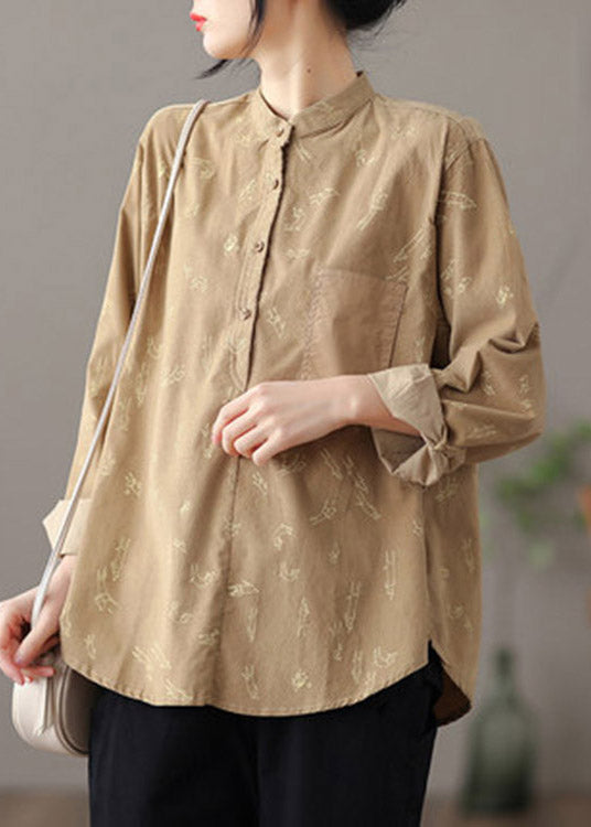 Chinese Style Green Stand Collar Print Button Corduroy Shirt Long Sleeve