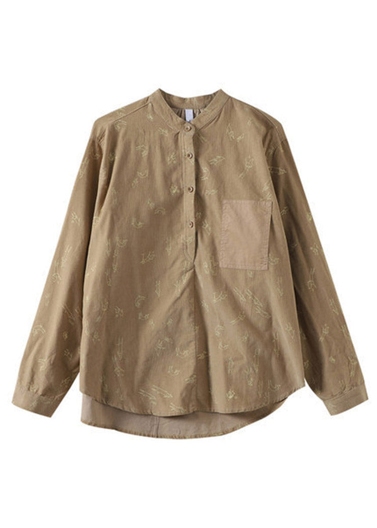 Chinese Style Green Stand Collar Print Button Corduroy Shirt Long Sleeve