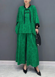 Chinese Style Green Stand Collar Shirts And Wide Leg Pants Two Piece Set Fall