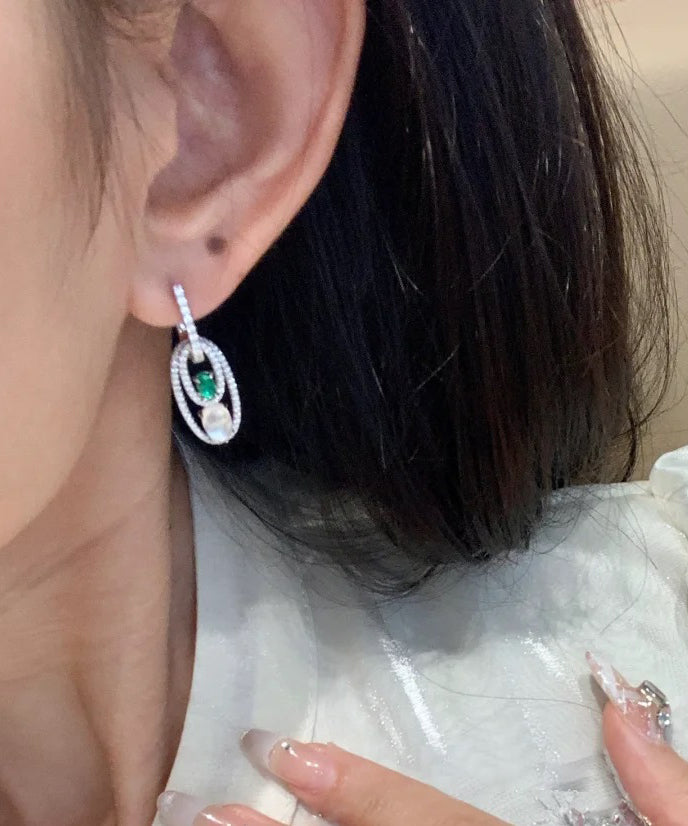 Chinese Style Green Sterling Silver Alloy Zircon Jade Egg Shaped Hoop Earrings