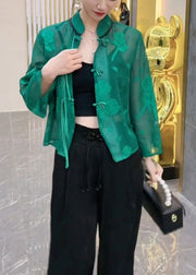 Chinese Style Green Tasseled Button Patchwork Tulle Shirt Top Fall