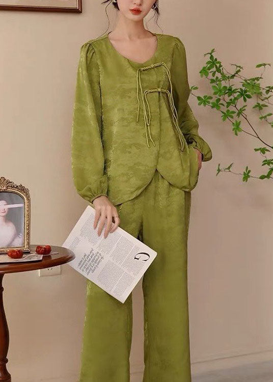 Chinese Style Green Tasseled Patchwork Ice Silk Pajamas Two Pieces Set Spring