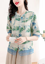 Chinese Style Green Tasseled Print Linen Two Pieces Set Summer