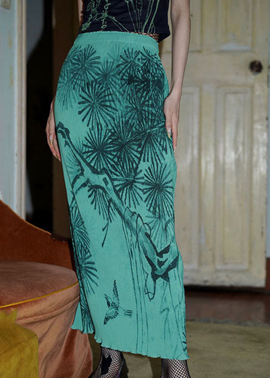 Chinese Style Green Wrinkled Print Silk Skirts Spring