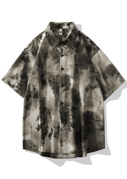 Chinese Style Grey Ice Silk Printed Short Sleeved Shirt For Men