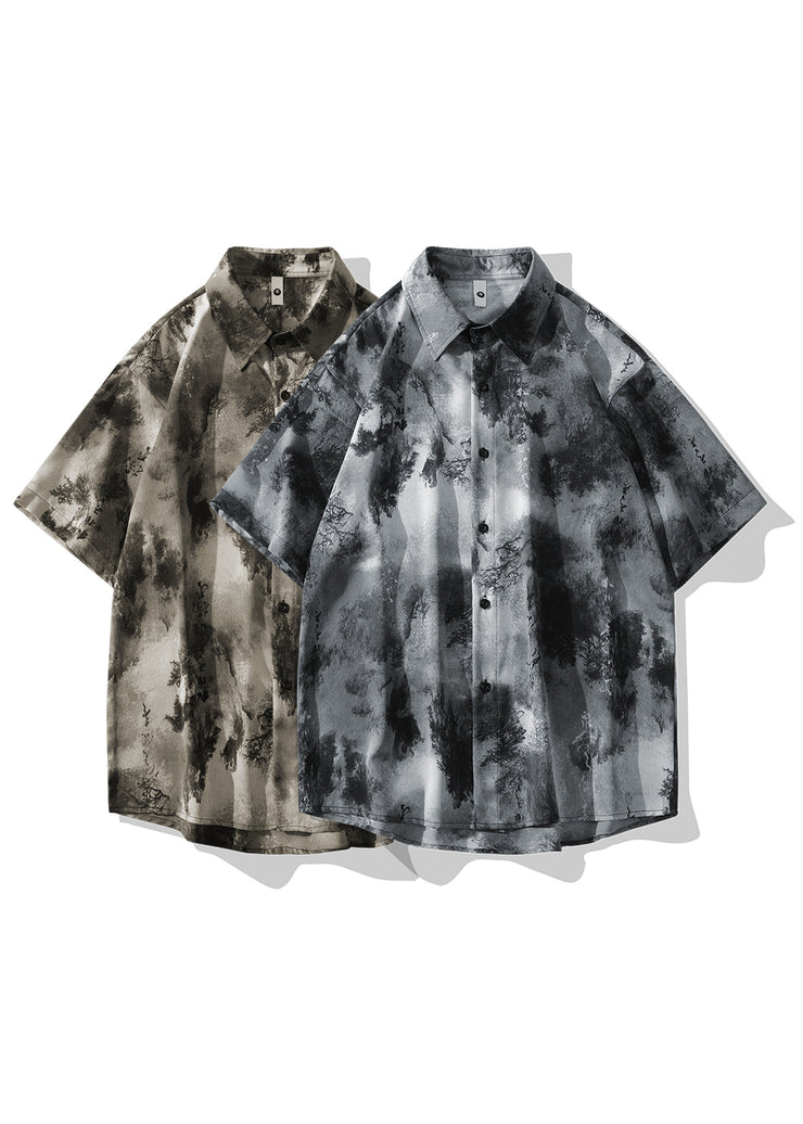 Chinese Style Grey Ice Silk Printed Short Sleeved Shirt For Men