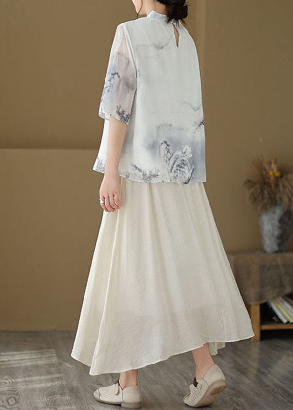 Chinese Style Grey Stand Collar Print Patchwork Silk Top Summer