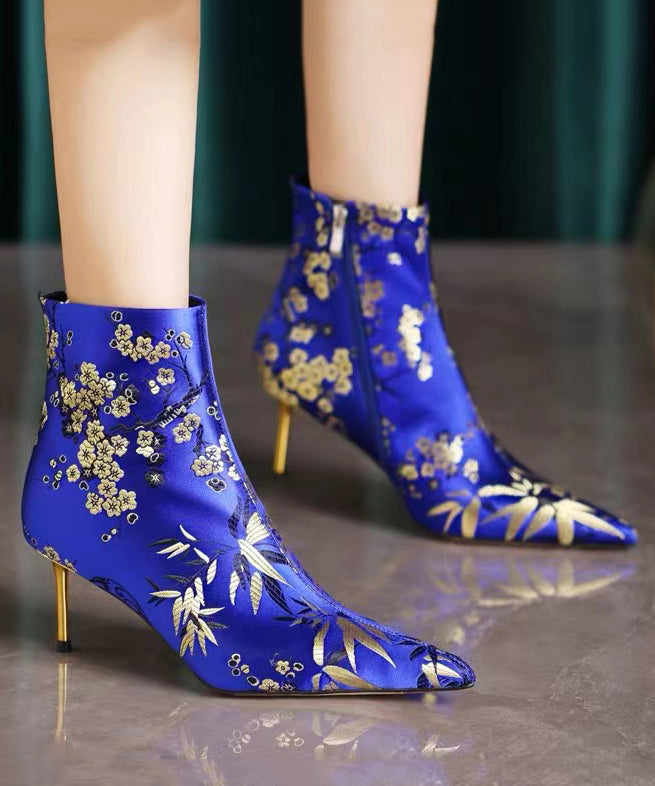 Chinese Style Handmade Embroidered Pointed Toe Slim Heel Short Boots