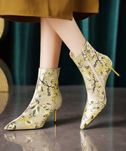 Chinese Style Handmade Embroidered Pointed Toe Slim Heel Short Boots